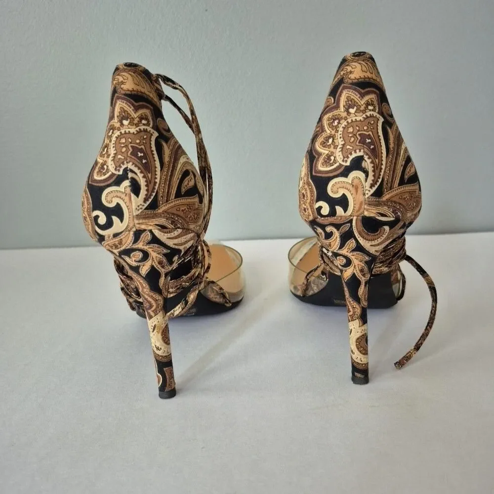 Jessica Simpson Brown Black Paisley Hemmie Wrap Around Calf High Heels Womens 6M